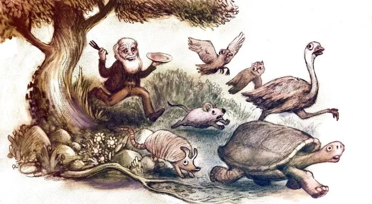 An artist's interpretation of Charles Darwin chasing after exotic animals to eat.