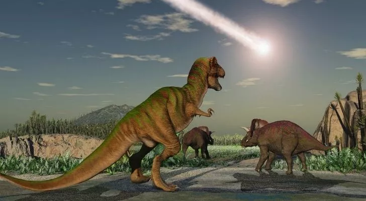 Dinosaurs looking toward an asteroid headed for Earth