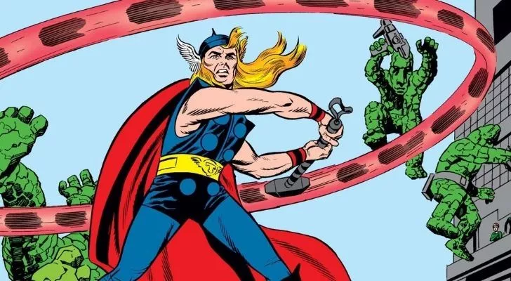 A remastered image of Thor in his debut comic from 1962