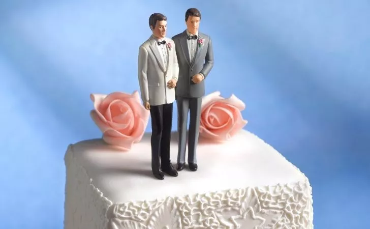Two grooms on top of a cake