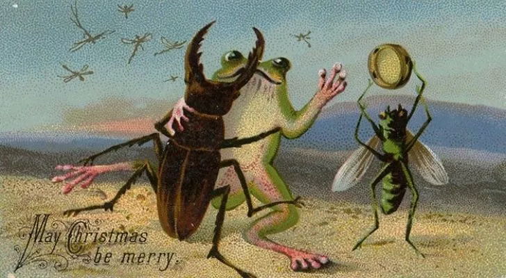 A weird Christmas card showing a beetle dancing with a frog.